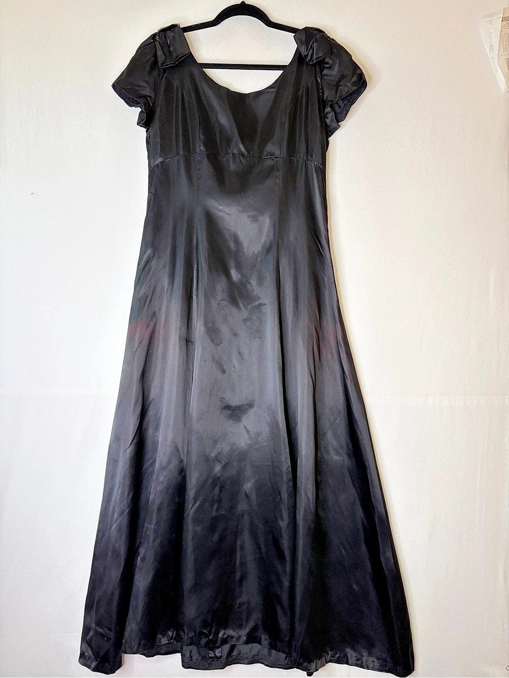 Vintage 70s Black Satin Evening Maxi Dress Bow Puff Sleeve Empire Waist M